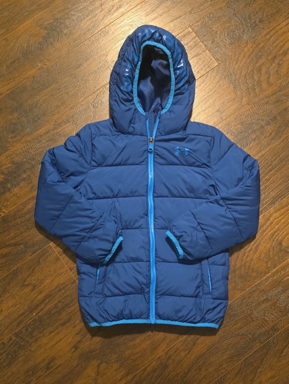 Under Armour Kids Blue Hooded Puffer Jacket with Light Blue Trim